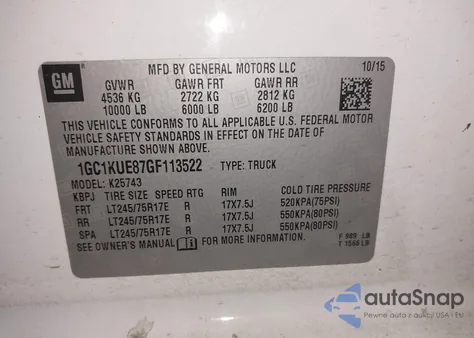 2016 Chevrolet Silverado 2500Hd Wt z USA, uszkodzony, nr VIN 1GC1KUE87GF113522